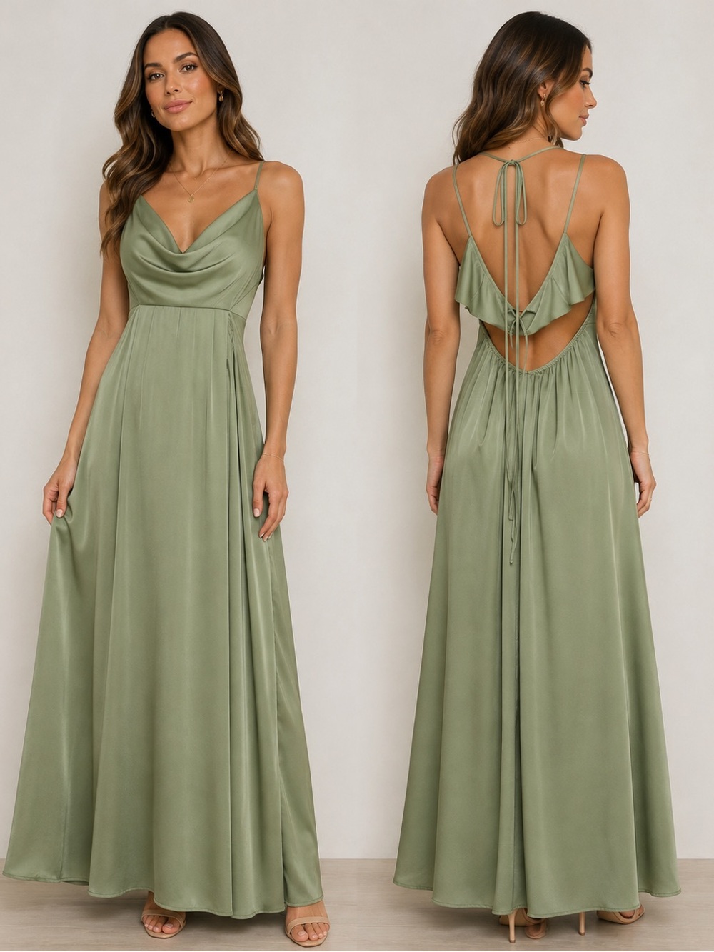 Hello Molly Olive Green Satin Cowl Backless Maxi Dress